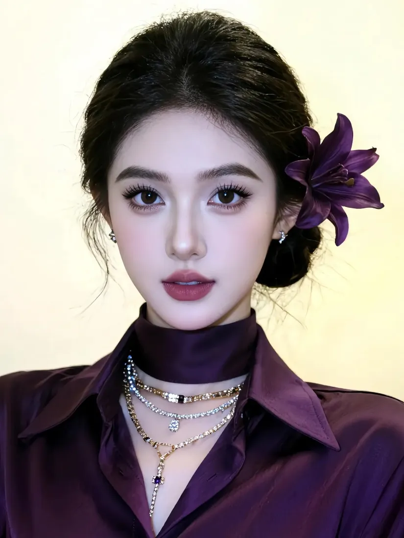 紫衣美女手机壁纸｜浅黄背景图片 - 紫色花朵盘发「哲风壁纸」