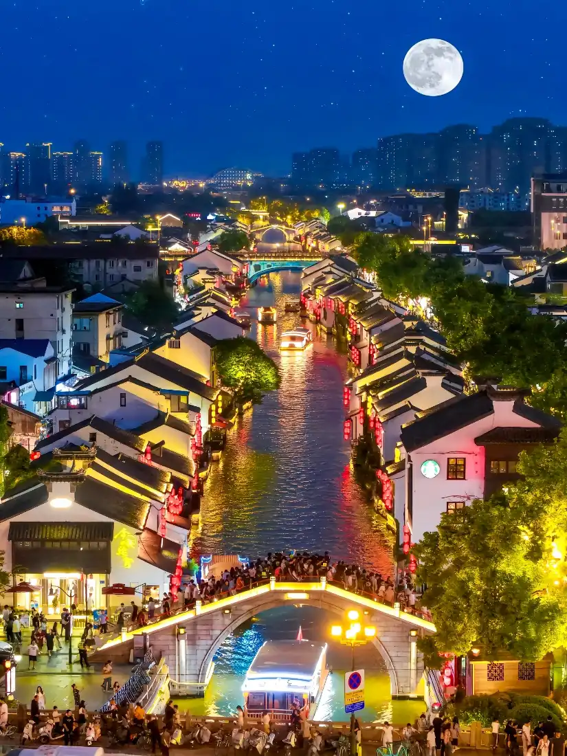 苏州夜景手机壁纸｜江南水乡背景图片 - 古运河明月「哲风壁纸」