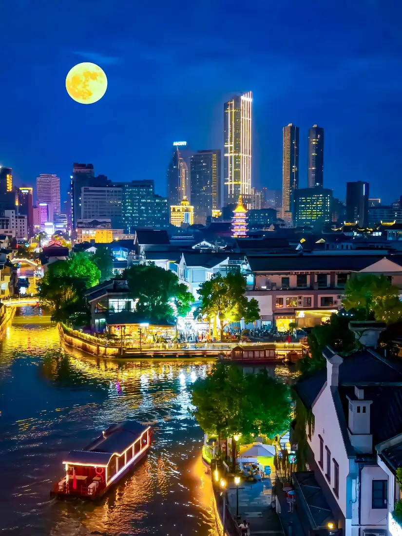 苏州夜景手机壁纸｜江南水乡背景 - 明月高楼游船「哲风壁纸」