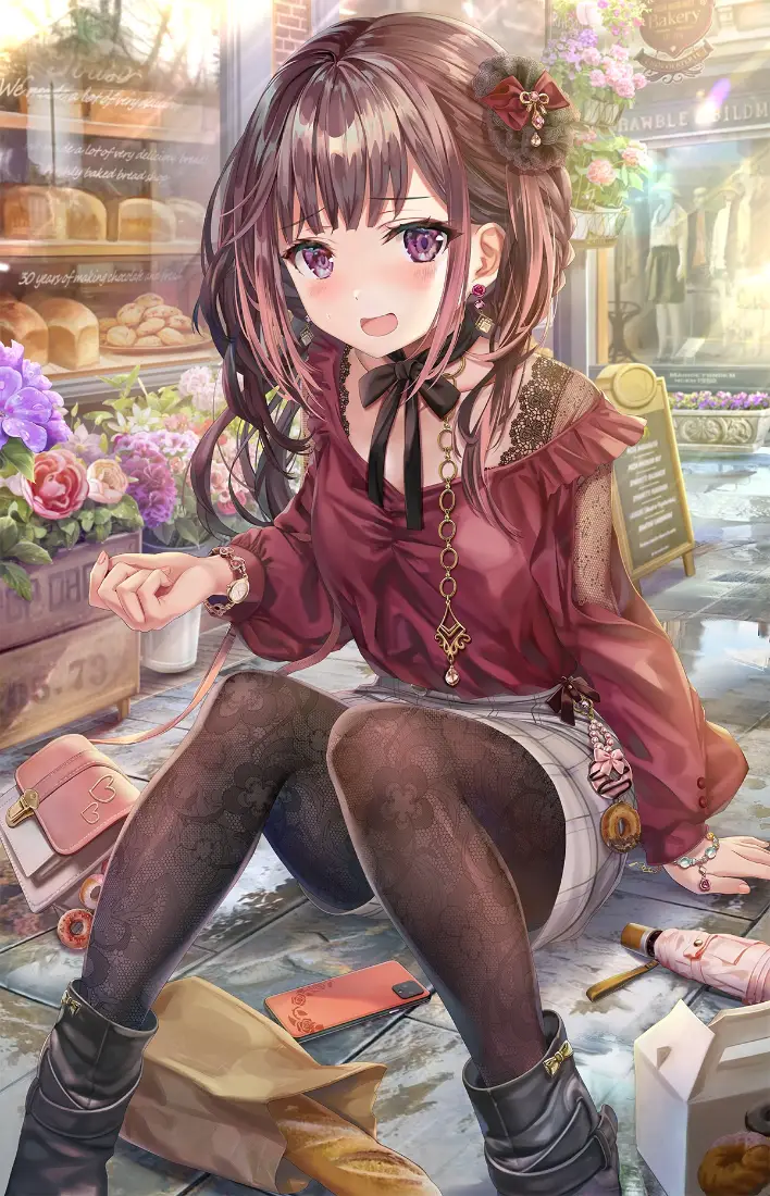 动漫女孩手机壁纸｜花店背景 - 红衣少女黑丝「哲风壁纸」