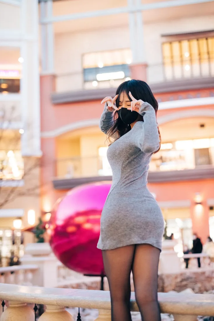 美女写真手机壁纸｜游乐园背景图片 - 灰色连衣裙黑丝「哲风壁纸」
