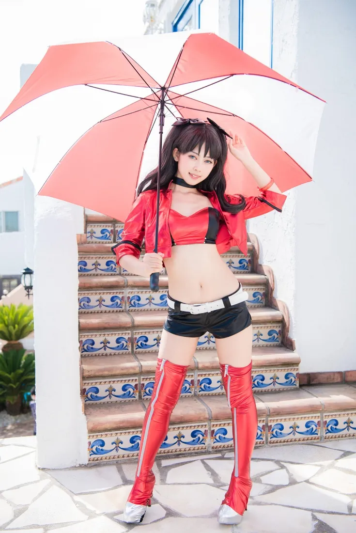 红衣美女雨伞手机壁纸｜红靴背景图 - 户外楼梯「哲风壁纸」