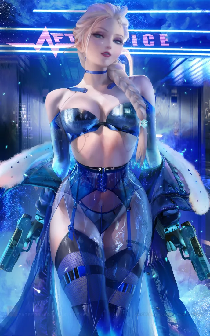 赛博朋克女性手机壁纸｜科幻背景 - 未来枪械「哲风壁纸」