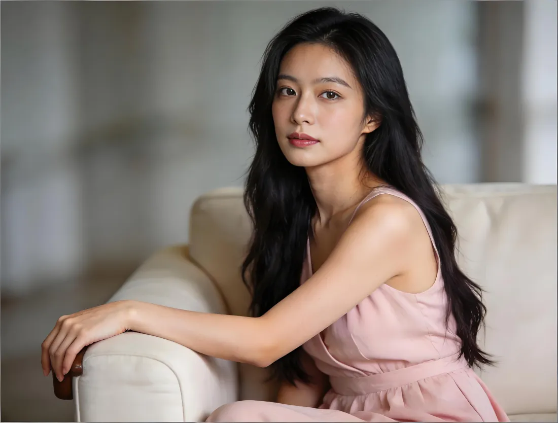 5k长发美女浅色沙发壁纸｜粉色连衣裙背景图片 - 优雅知性「哲风壁纸」