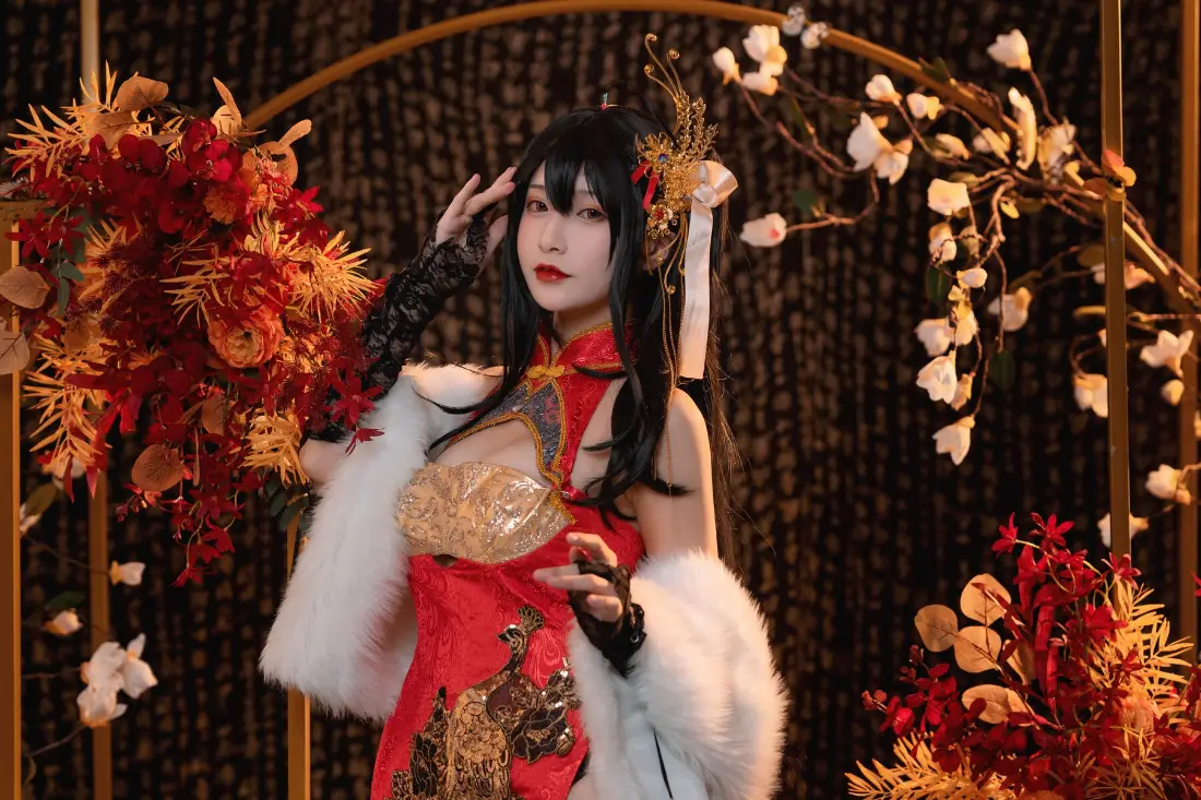 2k红衣女子古风壁纸｜中式花卉背景 - 旗袍「哲风壁纸」