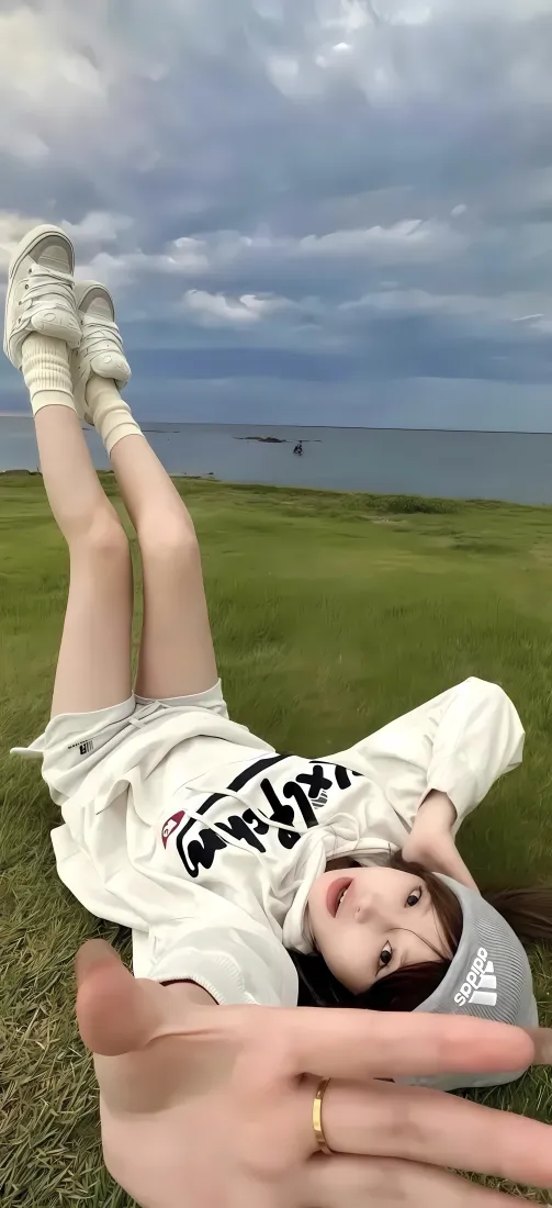平躺女孩手机壁纸｜草地背景图片 - 蓝天海边「哲风壁纸」