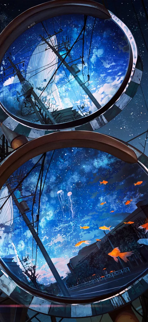 小金鱼手机壁纸｜星空海洋背景图片 - 蓝天鱼群倒影「哲风壁纸」