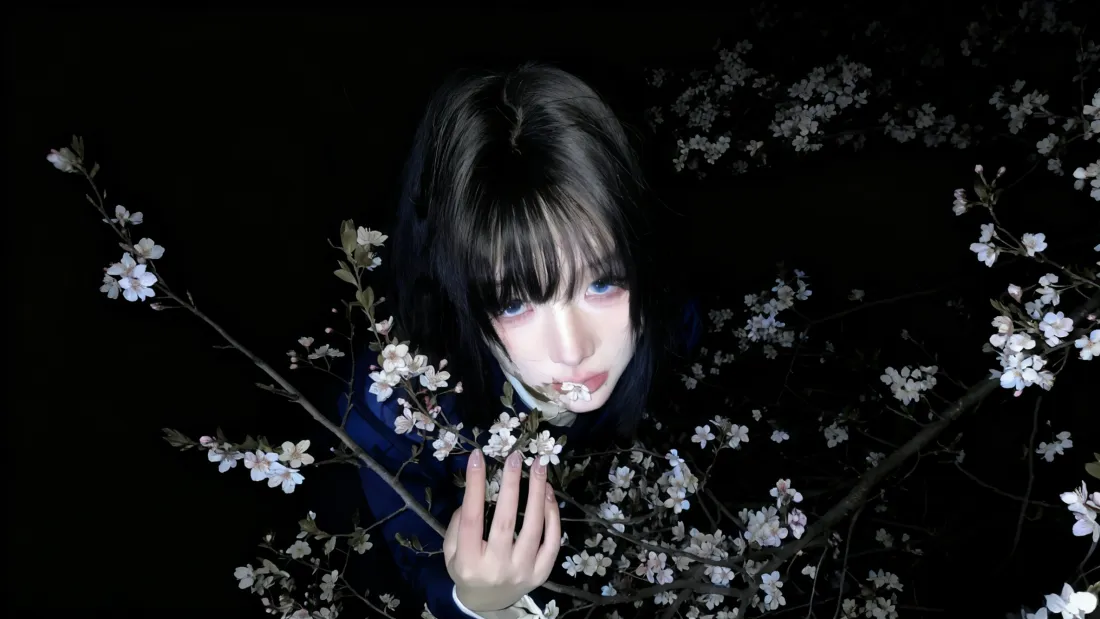 3k黑发美女壁纸｜夜晚梨花树背景图 - 夜樱低语「哲风壁纸」