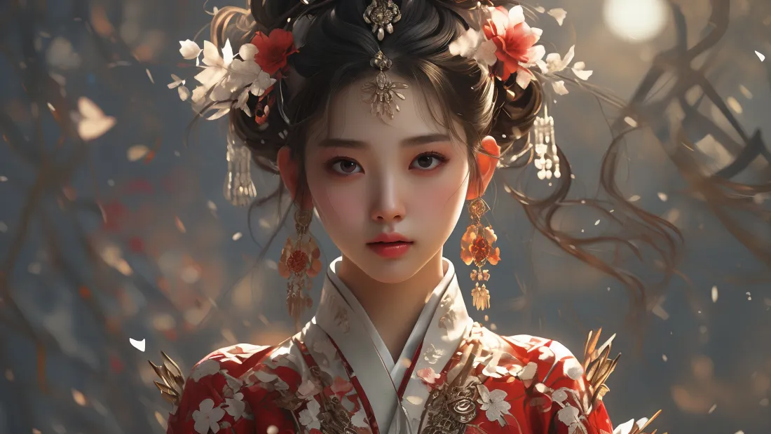 3k红衣古装美女壁纸｜古风背景图片 - 汉服红裙「哲风壁纸」