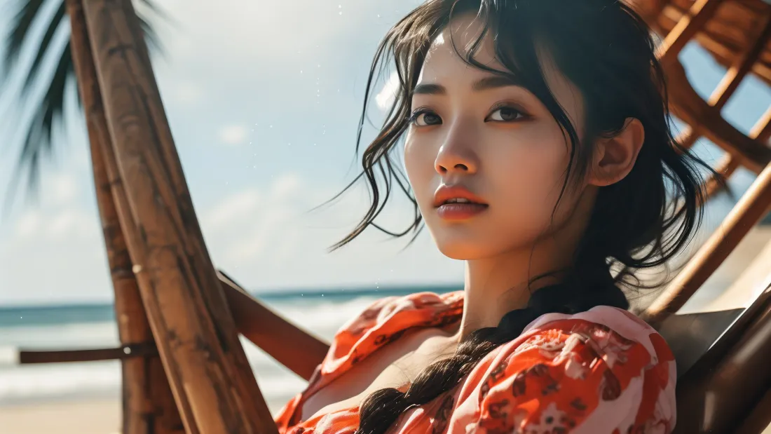 3k红衣美女壁纸｜海滩背景图片 - 度假自然风景「哲风壁纸」