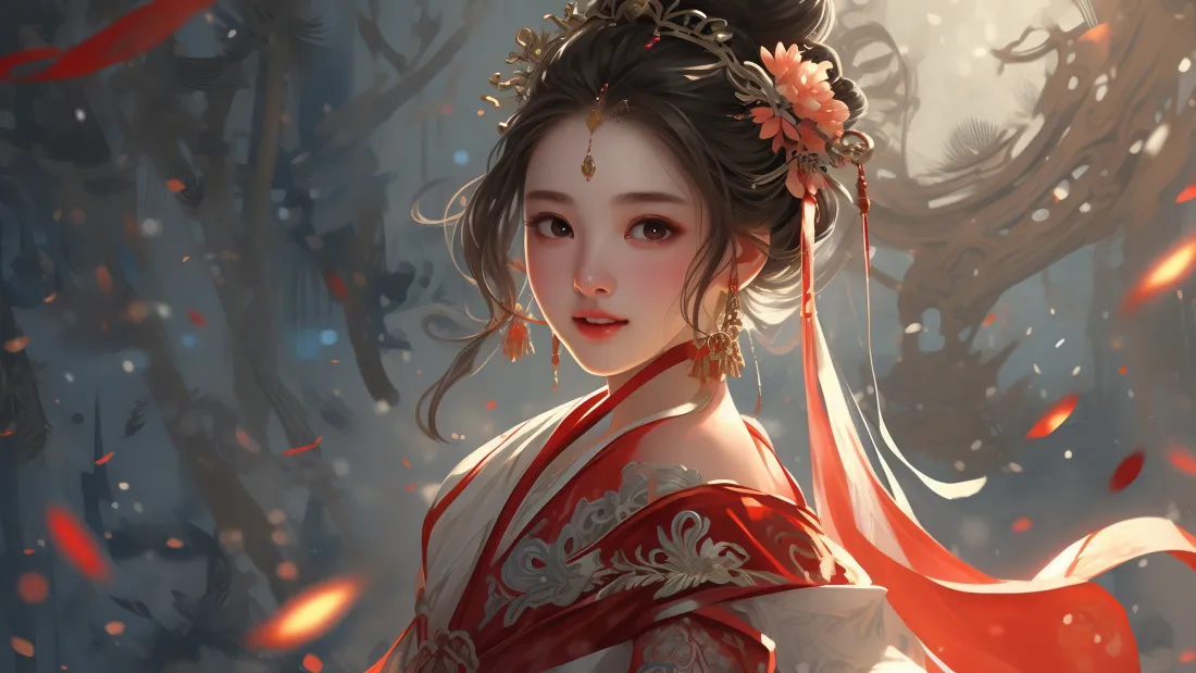 3k红衣古装美女壁纸｜古风背景图片 - 飘落花瓣「哲风壁纸」