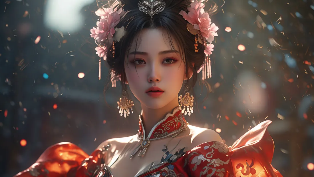 3kAI古装美女壁纸｜古风背景图片 - 2K红衣古装「哲风壁纸」