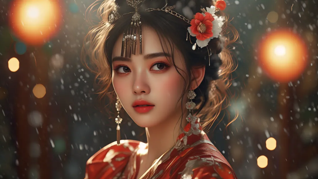 3k红衣古装美女壁纸｜灯笼雪花背景图片 - 魅力迷人超清「哲风壁纸」