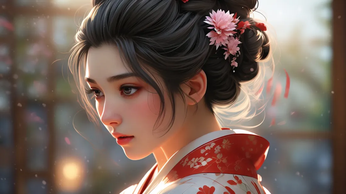 3kAI古装美女壁纸｜古风背景图片 - 粉色花朵发饰「哲风壁纸」