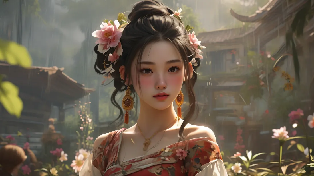 3kAI古装美女壁纸｜古风庭院背景图片 - 魅力迷人「哲风壁纸」