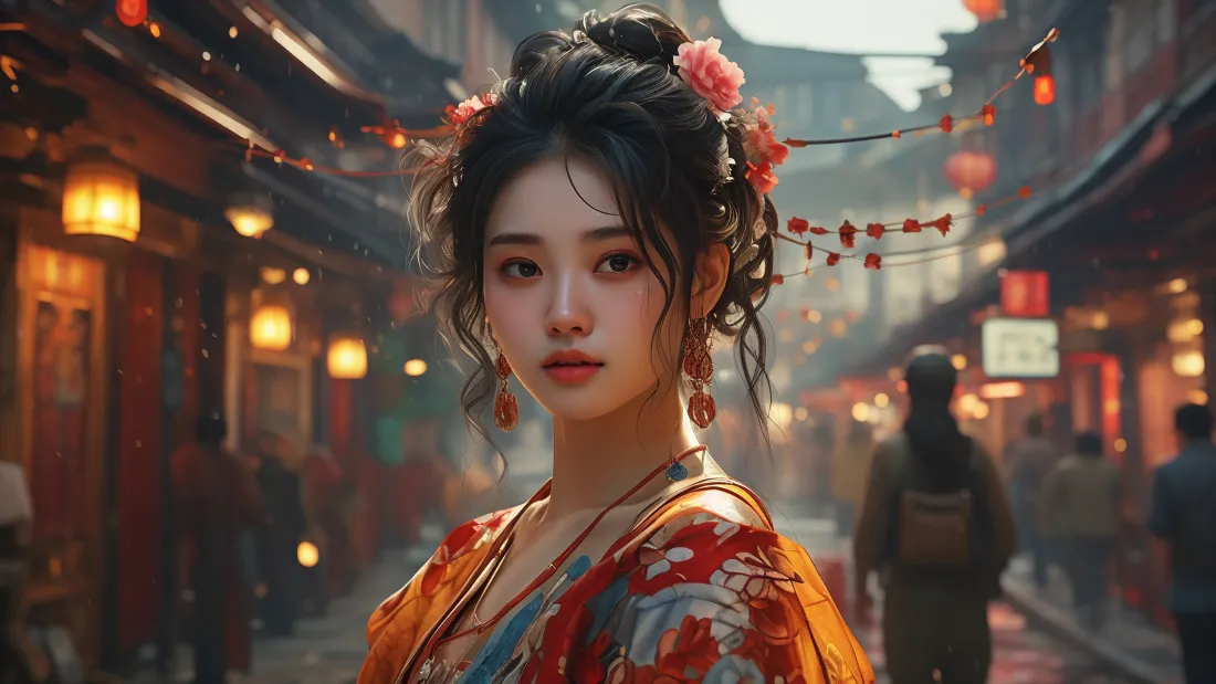 3k古装美女壁纸｜古风街道背景图片 - 汉服红灯笼「哲风壁纸」