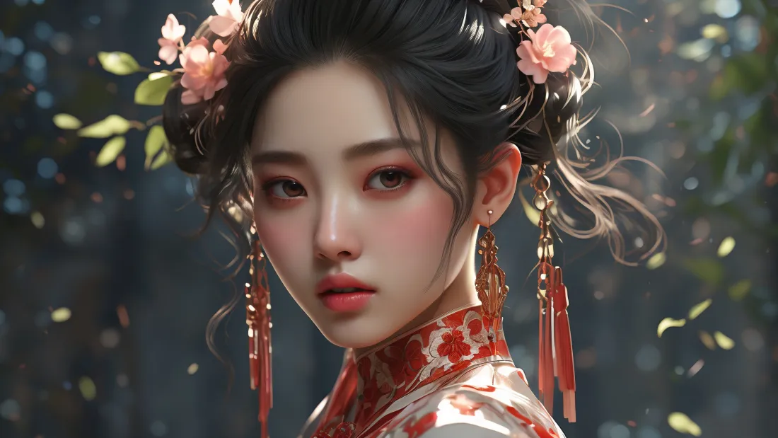 3k古装美女壁纸｜古风背景图片 - 红衣花饰造型「哲风壁纸」