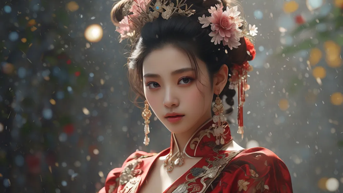 3k红衣古风AI美女壁纸｜古典背景图片 - 花饰「哲风壁纸」