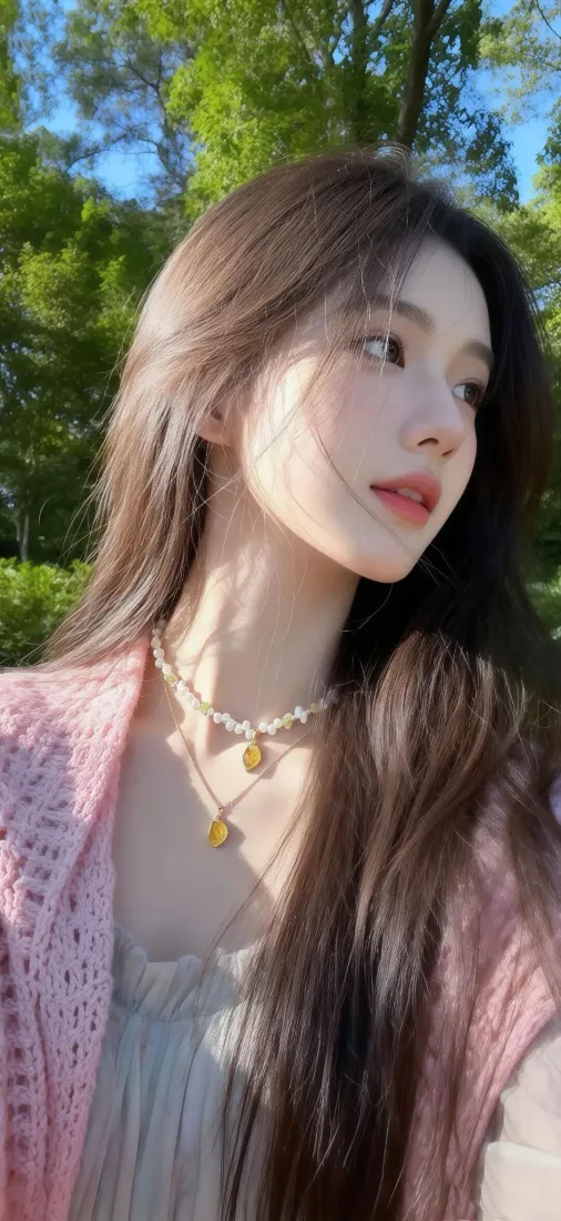 长发美女手机壁纸｜户外背景图片 - 粉色针织衫「哲风壁纸」