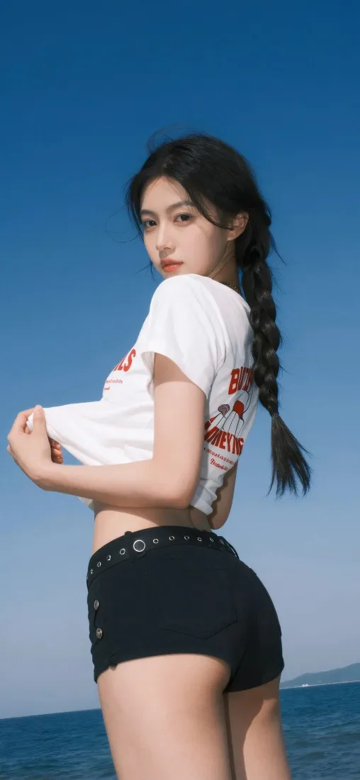 海边美女手机壁纸｜蓝天大海背景 - 休闲穿搭「哲风壁纸」