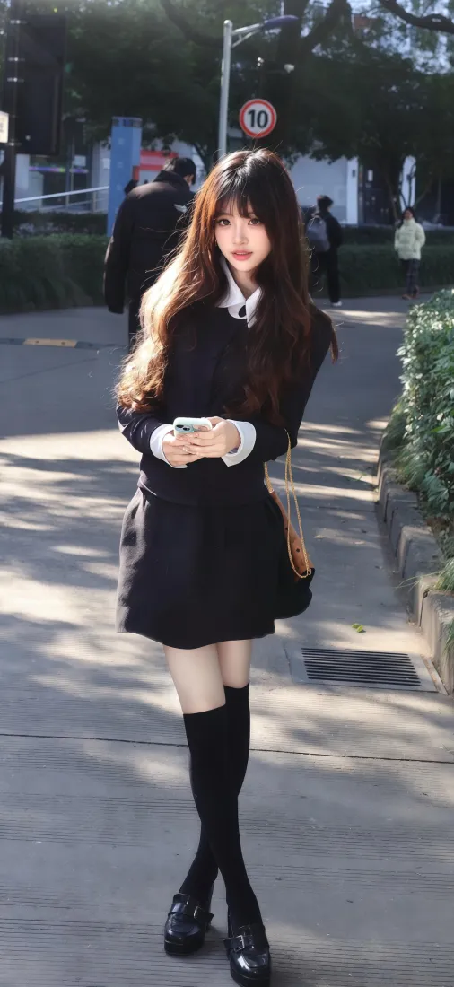黑衣美女手机壁纸｜户外街道背景图片 - 黑丝「哲风壁纸」