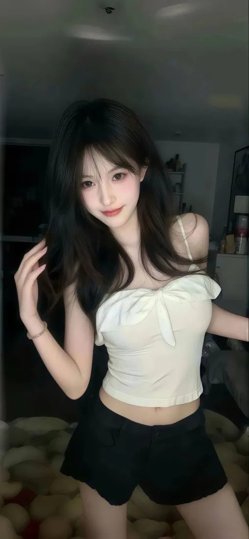 白衣美女手机壁纸｜室内背景图 - 黑裤长发「哲风壁纸」