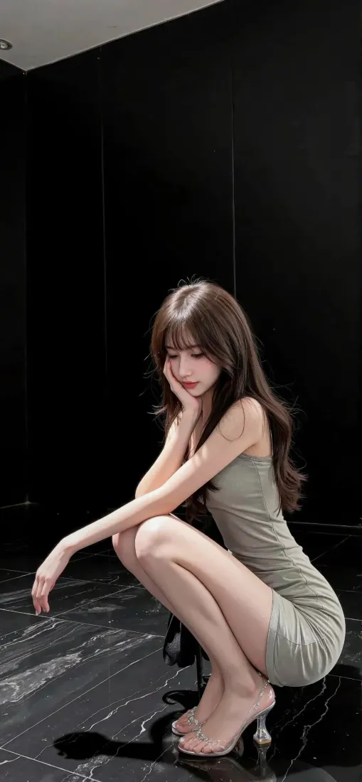美女手机壁纸｜黑色背景图片 - 绿色连衣裙高跟鞋「哲风壁纸」