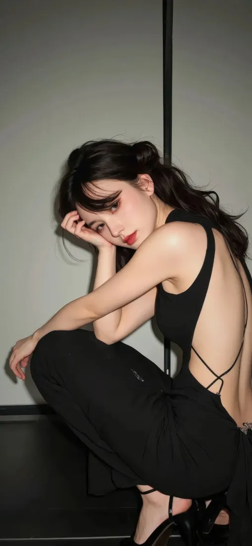 黑衣美女手机壁纸｜灰色背景图片 - 迷人穿搭「哲风壁纸」