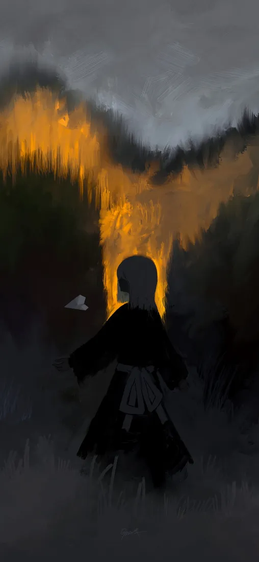 少女火光森林手机壁纸｜杂草背景图片 - 夜晚黑暗「哲风壁纸」