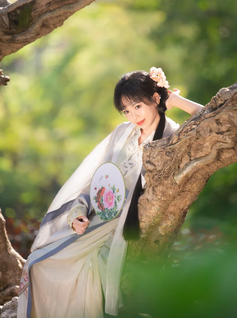 古风汉服女子手机壁纸｜阳光背景图片 - 团扇绿植「哲风壁纸」