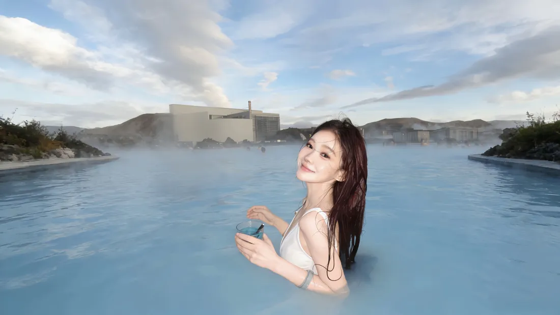 5k湿发美女温泉壁纸｜蓝色池水背景图片 - 山水建筑「哲风壁纸」