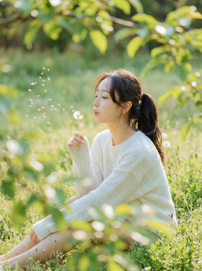 女孩吹蒲公英手机壁纸｜绿色草地背景 - 自然风景「哲风壁纸」