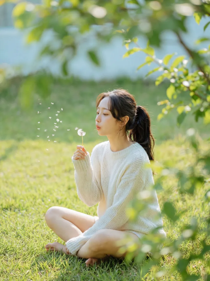 自然风景手机壁纸｜绿色草地背景图片 - 女孩吹蒲公英「哲风壁纸」