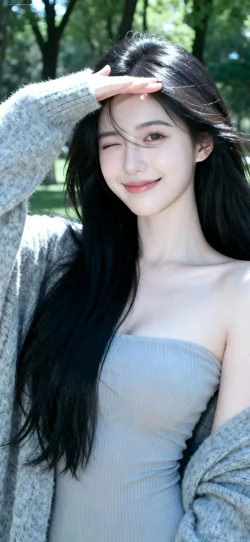 清纯长发美女手机壁纸｜户外树林背景图片 - Ios风「哲风壁纸」