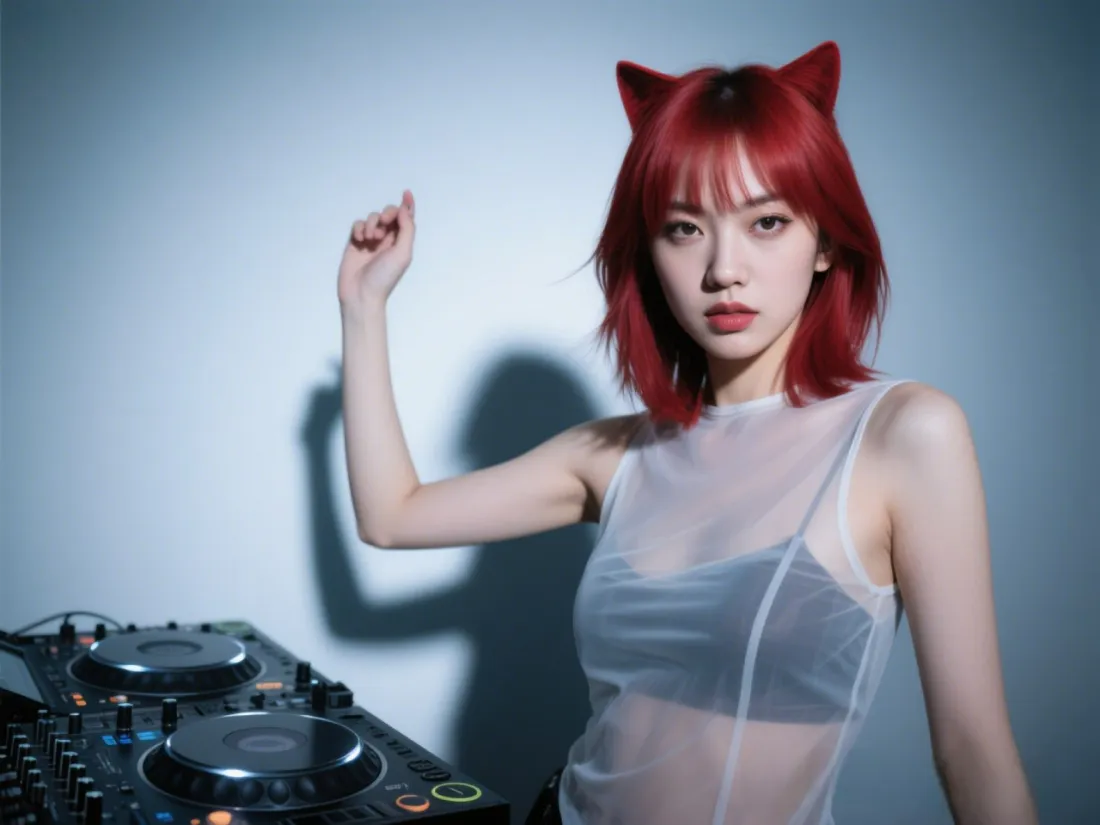 3k红发猫耳DJ壁纸｜打碟场景背景图片 - 酷飒性感美女「哲风壁纸」
