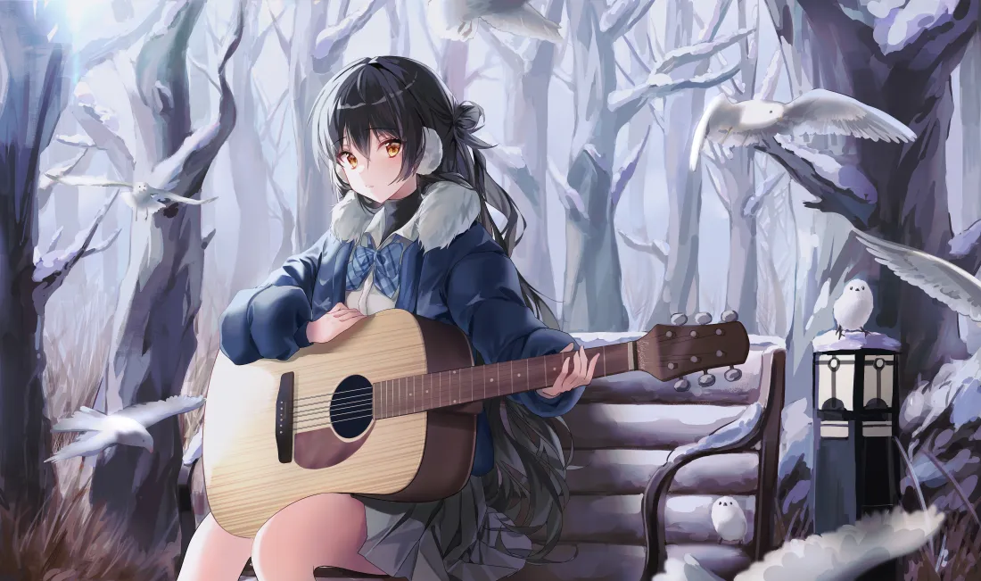 8k弹吉他少女壁纸｜冬季树林背景图片 - 冬日插画「哲风壁纸」