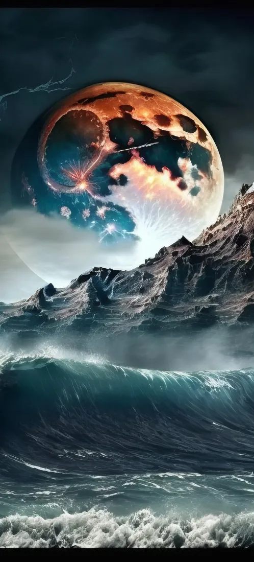 破碎月亮手机壁纸｜海浪山峦背景图片 - 夜晚氛围感「哲风壁纸」