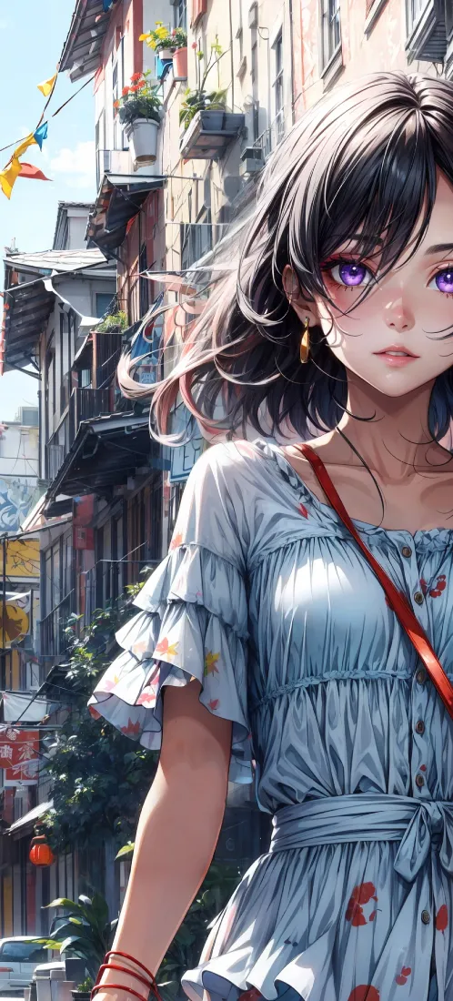 二次元紫瞳少女手机壁纸｜老街背景图片 - 清新插画「哲风壁纸」