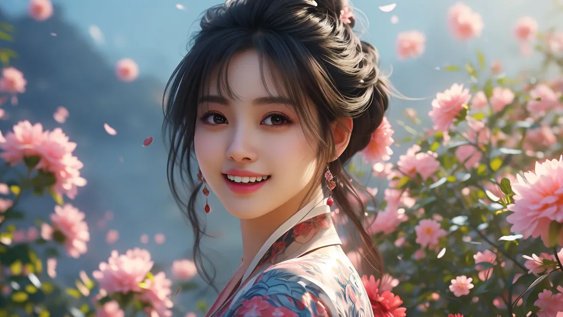 3k古装美女壁纸｜粉花青山背景图片 - AI古风「哲风壁纸」