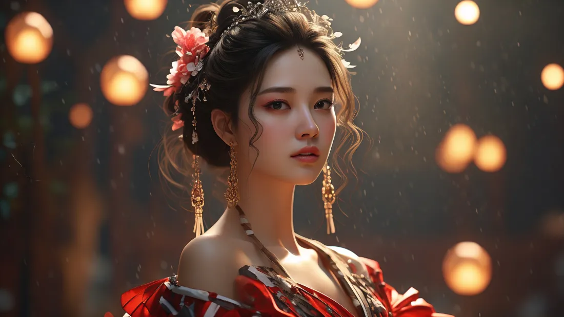 3k红衣古装美女壁纸｜暖光灯笼背景图片 - AI古风「哲风壁纸」