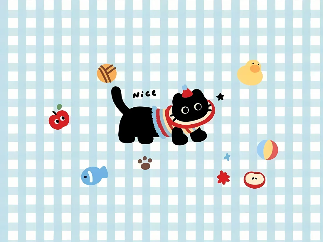 2k小黑猫壁纸｜浅蓝格背景图片 - 可爱童趣插画「哲风壁纸」