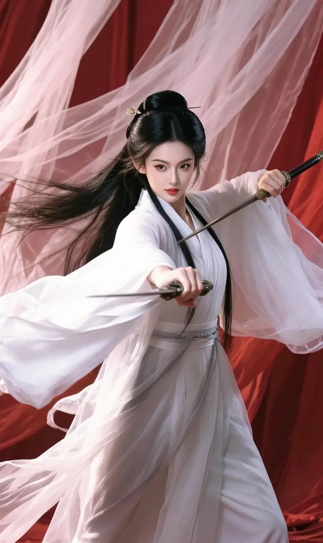 古装侠女手机壁纸｜红色纱幔背景图片 - 清冷古风美女「哲风壁纸」