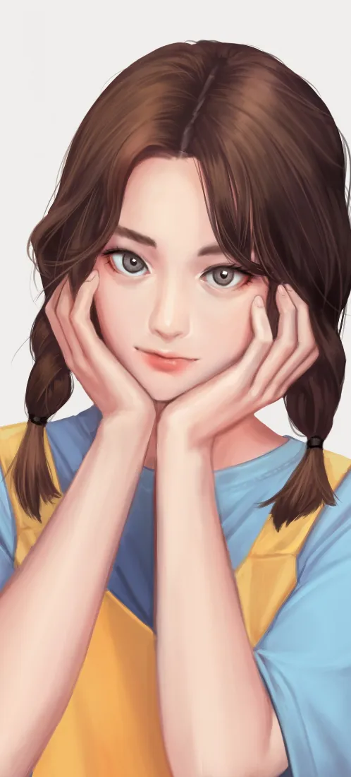 双麻花辫女孩手机壁纸｜浅灰背景图片 - 手绘少女插画「哲风壁纸」