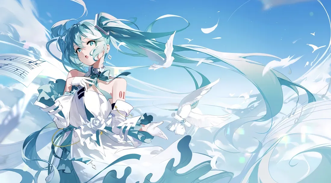 5k初音未来壁纸｜蓝天背景图片 - 灵动白鸽清新氛围「哲风壁纸」