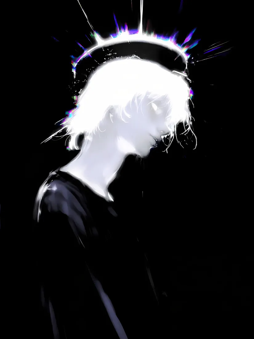 光环白发少年手机壁纸｜纯黑背景图片 - 神性迷幻「哲风壁纸」