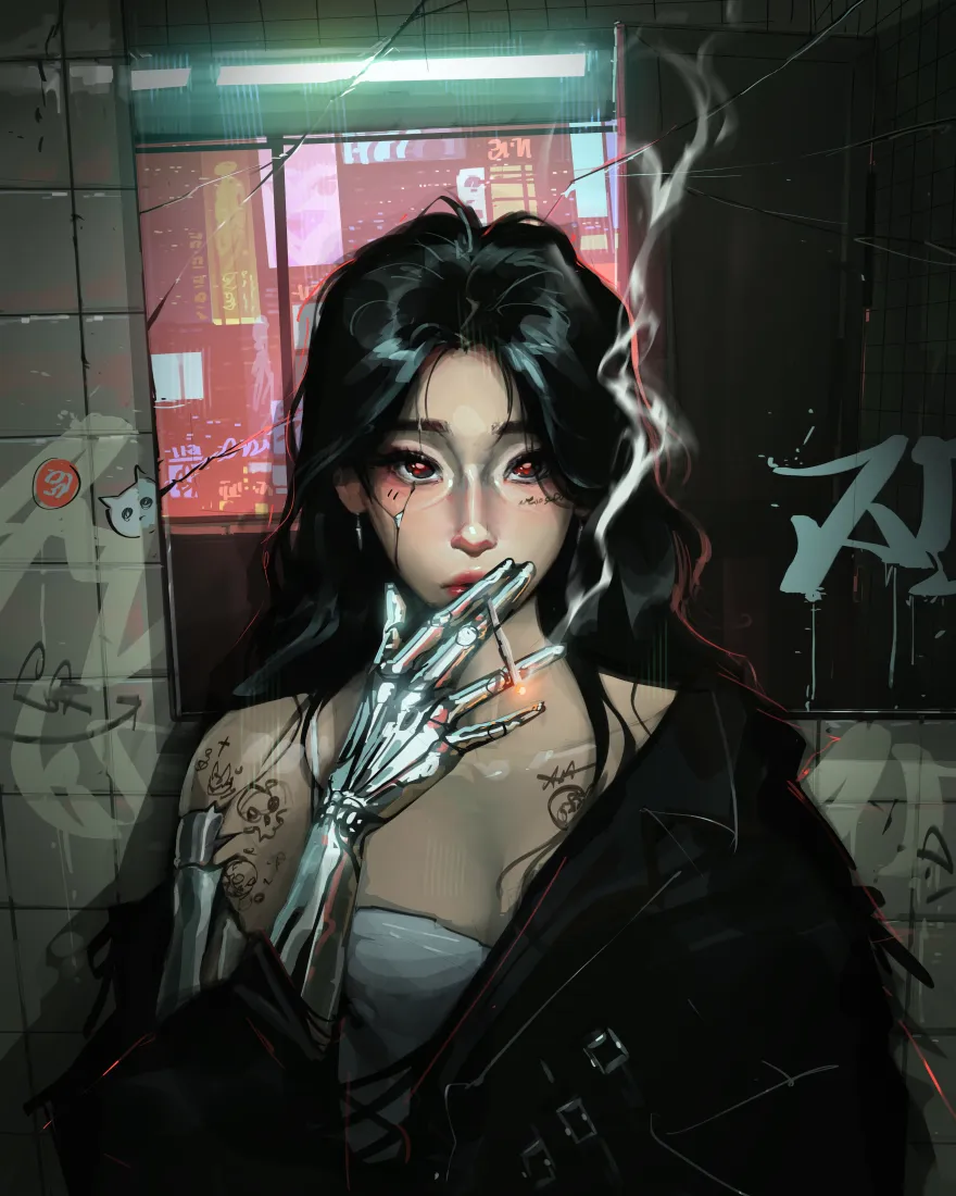 义肢少女手机壁纸｜赛博街头背景图片 - 酷飒抽烟「哲风壁纸」