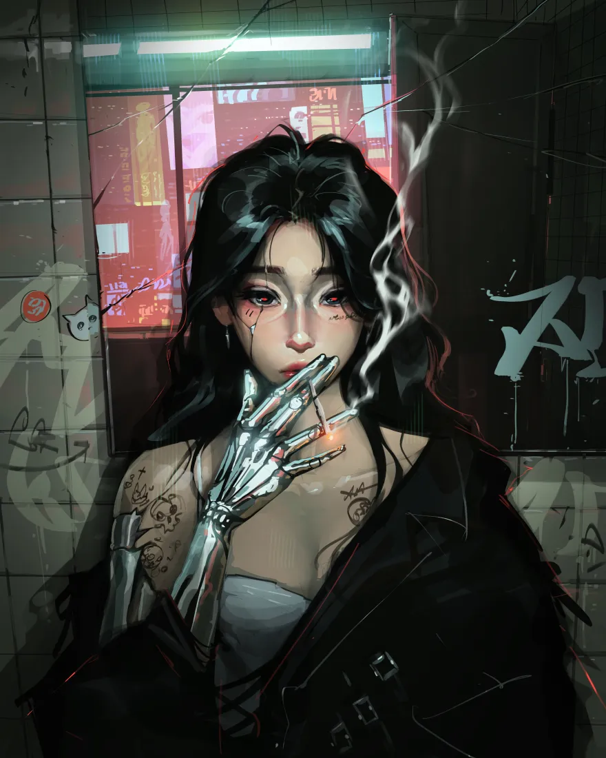 机械义肢少女手机壁纸｜赛博街头背景图片 - 抽烟氛围感「哲风壁纸」