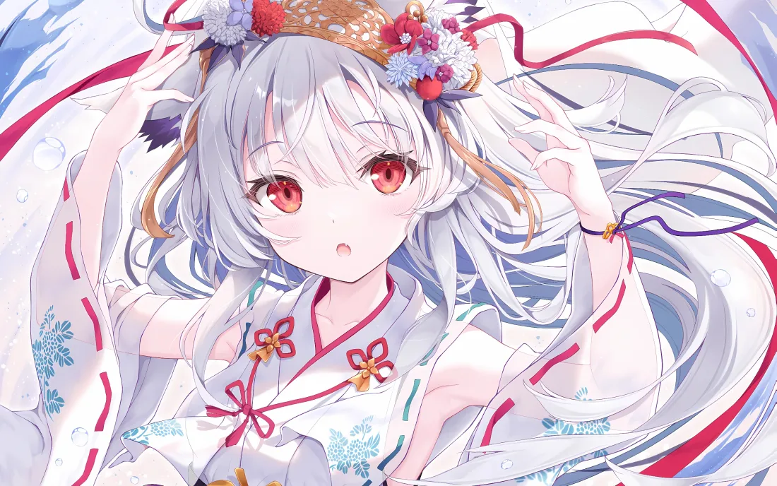 3k白毛红瞳壁纸｜和服少女背景图片 - 二次元「哲风壁纸」