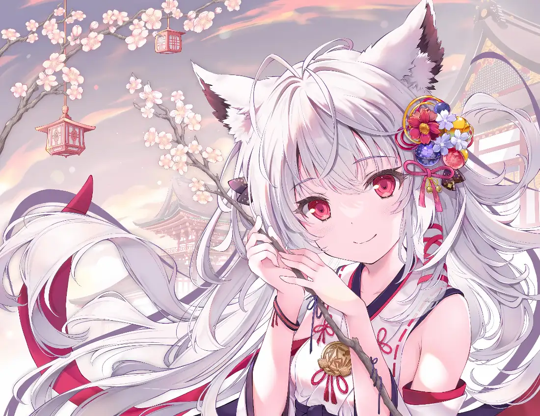 2k狐耳白毛少女壁纸｜樱花背景图片 - 和风二次元「哲风壁纸」