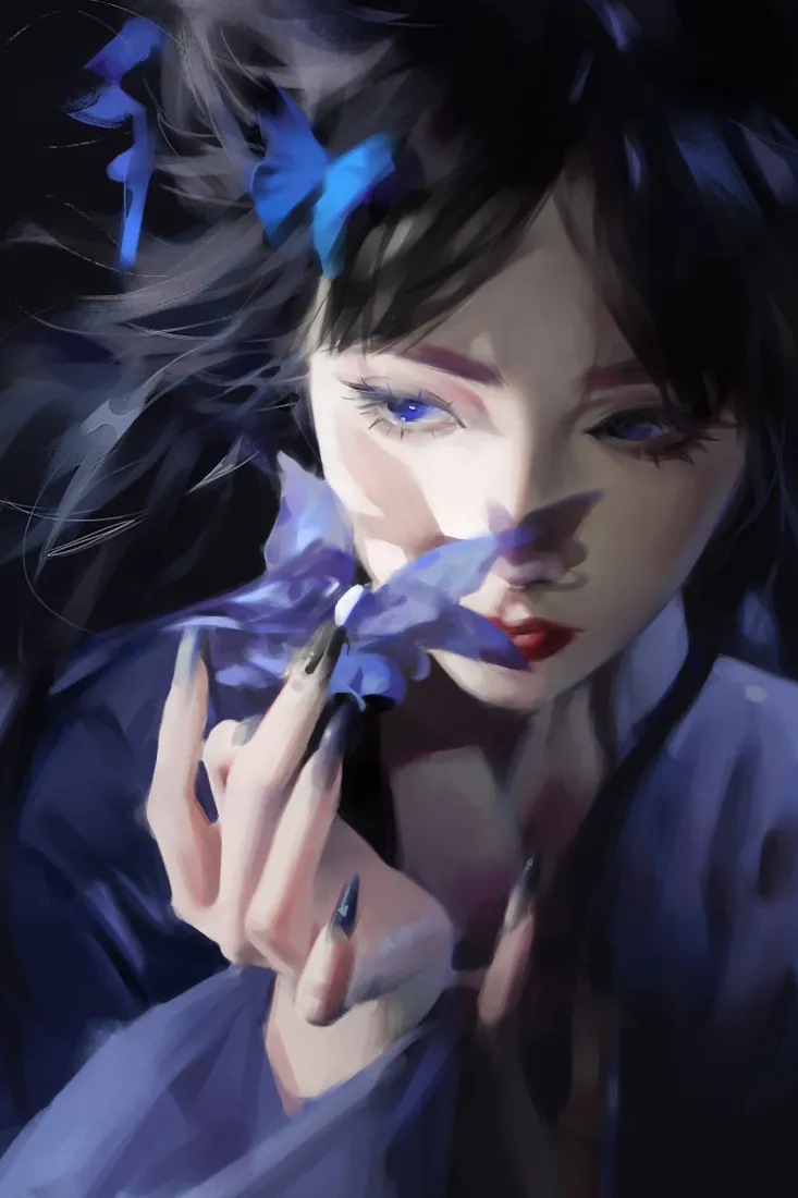 紫蝴蝶手机壁纸｜暗黑背景图片 - 异瞳少女「哲风壁纸」